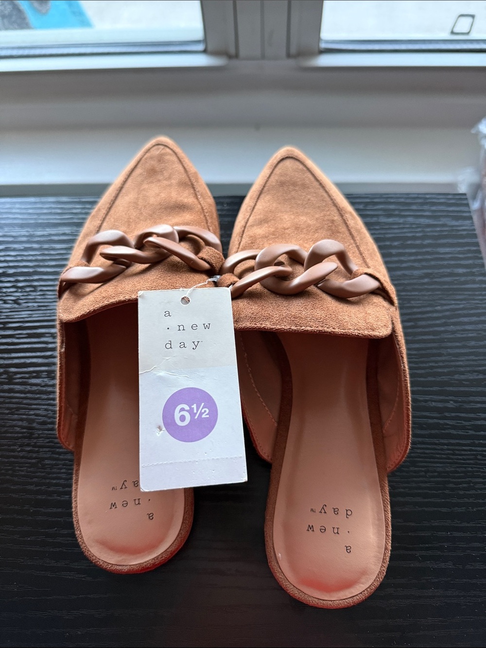 a new day Tan Suede Pointed-Toe Chain-Trim Mule